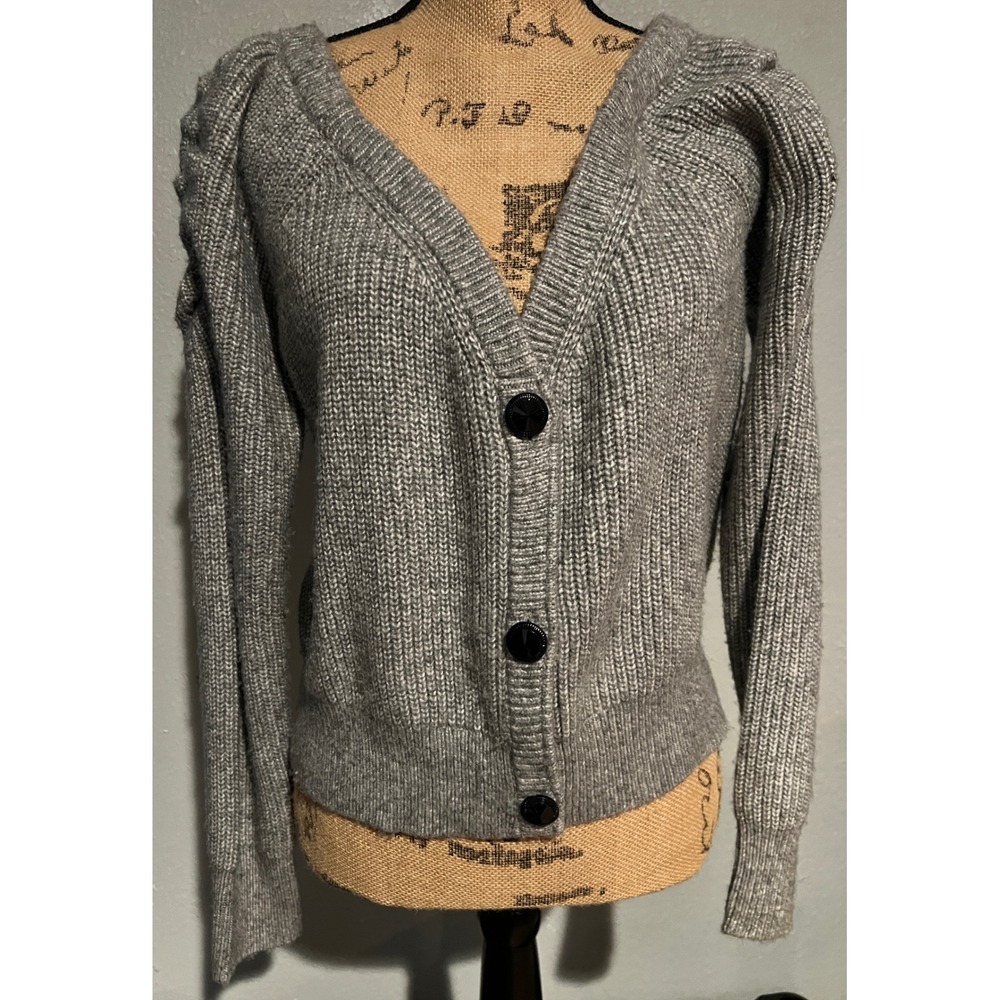 White House Black Market Cardigan Women XL Gray Excellent Puff Sleeve V-Neck Rib